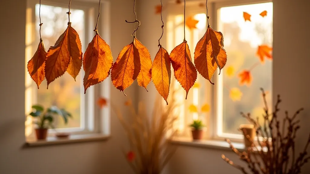 Freshly gathered autumn leaves and branches hanging to dry in a warm, bright room with natural light from windows