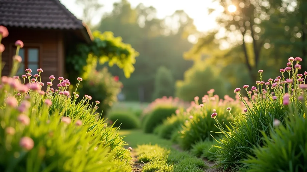 Seasonal garden landscape in Latvia with spring blooms and traditional homestead