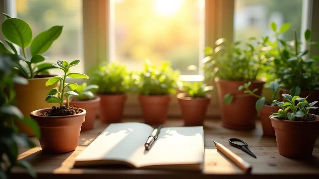 Cozy indoor workspace with potted plants, seed packets, gardening tools, and natural light from window