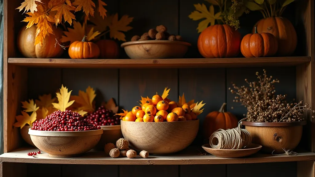 Sorted autumn materials in wooden bowls including dried leaves sorted by color, birch twigs, seed pods, dried berries, and moss, organized on shelving unit