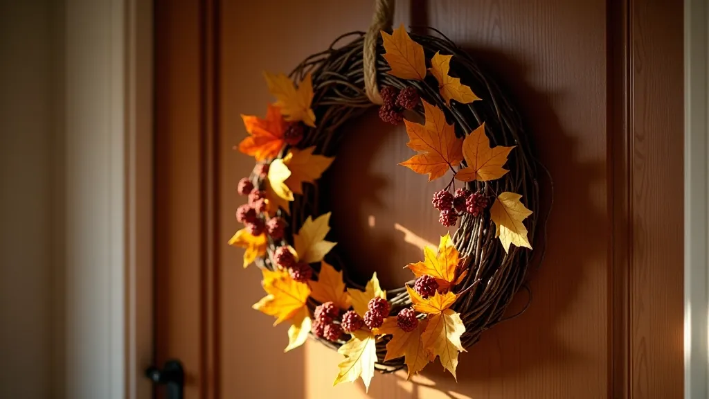 Finished autumn wreath hanging on a wooden door with dried leaves, berries, and branches, photographed in soft natural light
