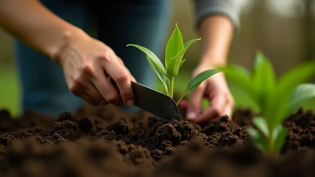 Hands planting seedlings in garden soil with trowel and gardening gloves