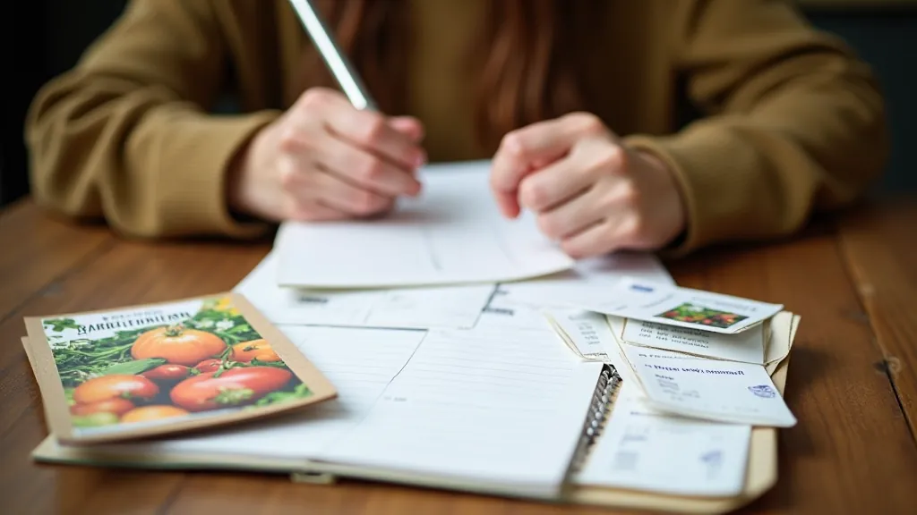 Gardener's notebook with sketches, seed packets organized by type, and a calendar marked with planting dates, wooden desk with pencil and ruler