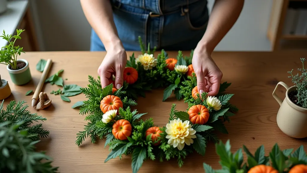 Hands arranging fresh flowers and greenery into a circular wreath base, with completed wreaths visible in background on wooden table