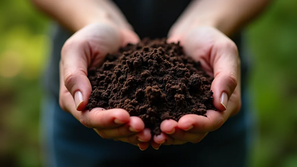 Hands holding rich dark soil with visible organic matter and earthworms, spring garden preparation