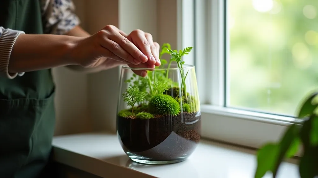 Hands placing moss and small plants into a glass terrarium jar, showing layered soil and decorative elements, bright window light in background