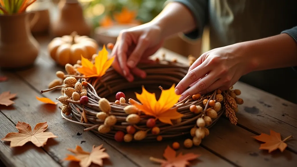 Hands crafting an autumn wreath with dried leaves, berries, and woven branches on wooden table