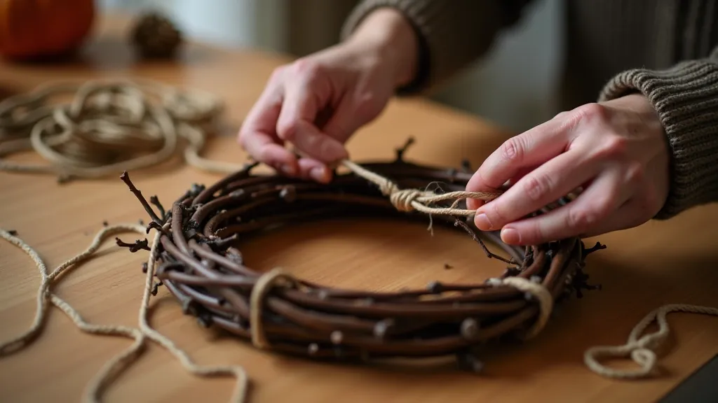 Hands securing twisted branches into a circular wreath form with natural twine, showing the base frame construction process