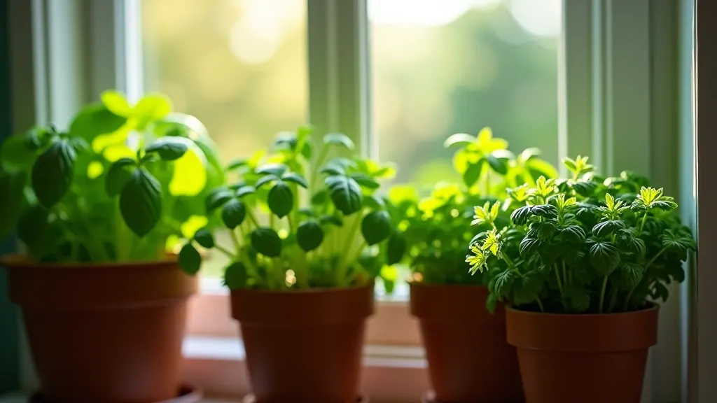 Windowsill herb garden with basil, parsley, and chives in ceramic pots, morning sunlight streaming through window, fresh green leaves clearly visible