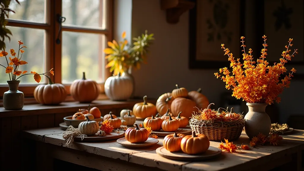 Traditional Latvian seasonal crafts and autumn wreaths displayed