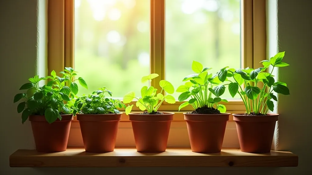 Green herbs growing in pots on a bright windowsill during winter