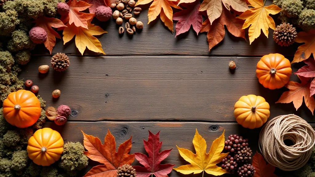 Overhead view of autumn materials arranged on wooden table including dried leaves, branches, berries, and natural fibers ready for wreath assembly