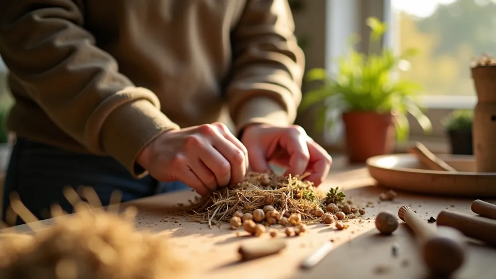 Hands crafting seasonal garden projects with natural materials