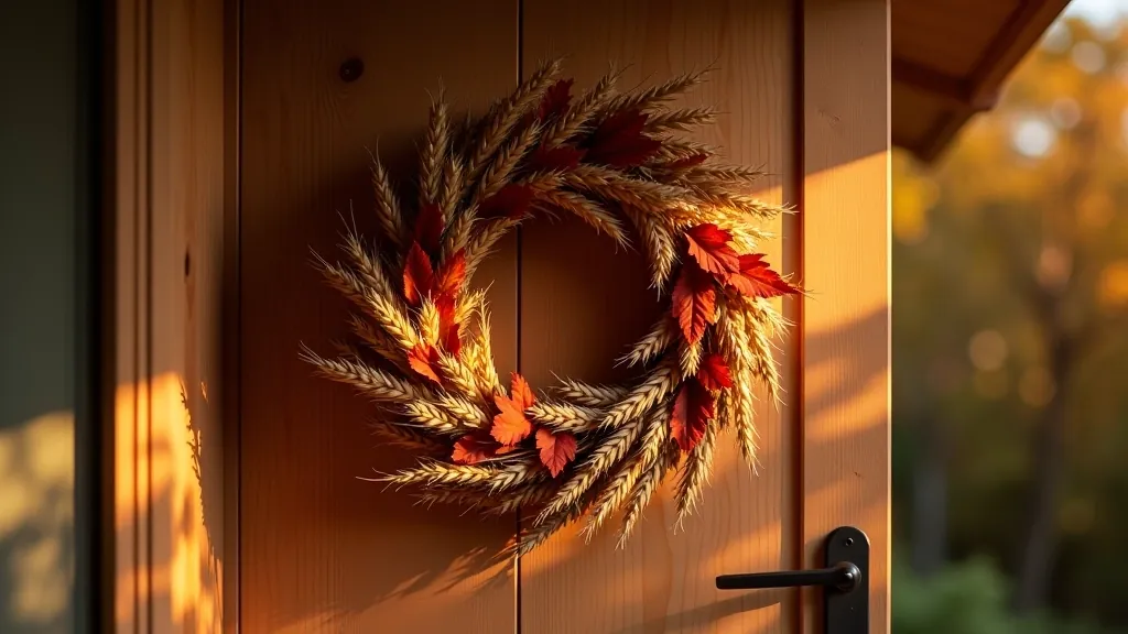 Completed autumn wreath made from dried leaves, branches, and natural materials
