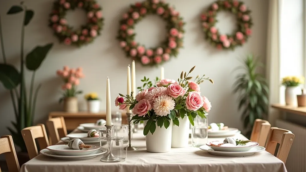 Indoor dining table decorated with fresh flower arrangements, white candles, and woven wreaths hung on wall above, natural window light creating shadows