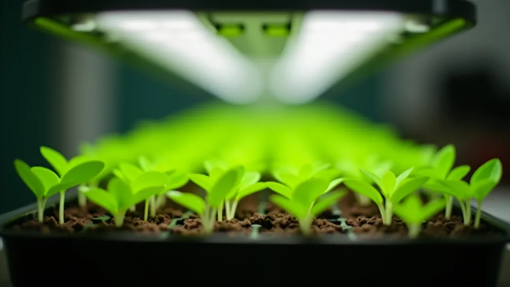 Seedling trays under LED grow lights with green shoots emerging from dark soil, indoor gardening setup with temperature gauge visible