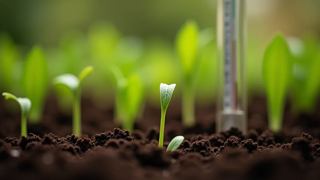 Garden thermometer showing temperature readings next to early spring seedlings in soil