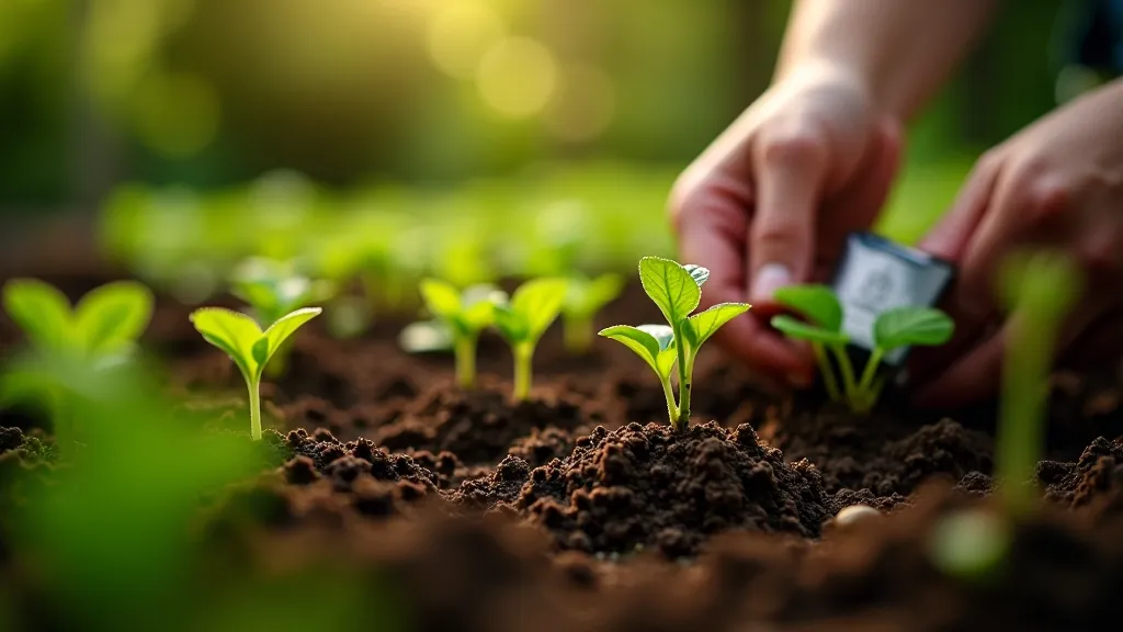 Spring garden scene with rich dark soil, emerging green plants, and bright morning sunlight