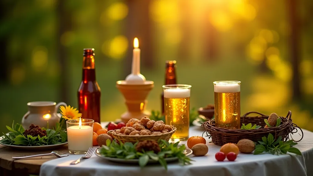 Traditional Latvian midsummer table with fresh flowers, candles, and wreaths arranged in sunlight
